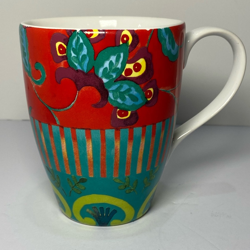 Pier 1 Mug "Villa Indonesia" Floral Paisley Red Teal Striped Boho Bright 12 oz